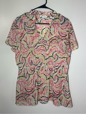 JM Collection Multicolor Mosaic Print Short Sleeve Sheer Blouse